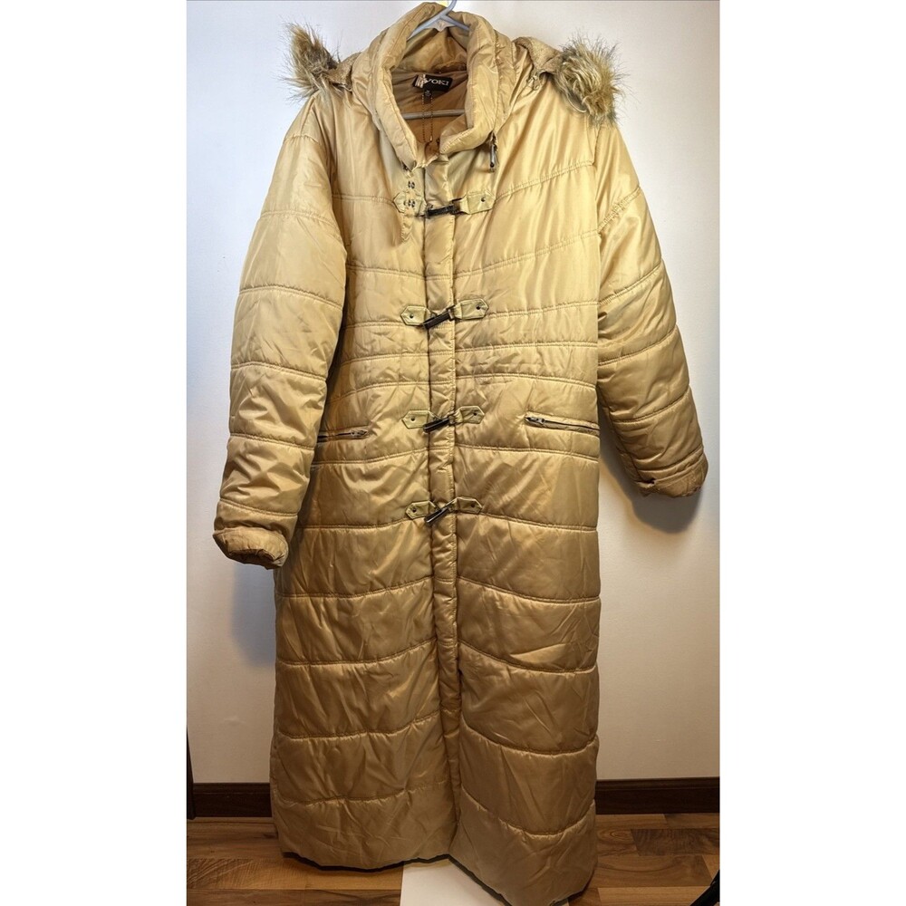 Vintage Maxi Puffer Coat 3X W Hood Faux Fur Carmel Zip Metal Clips On Front